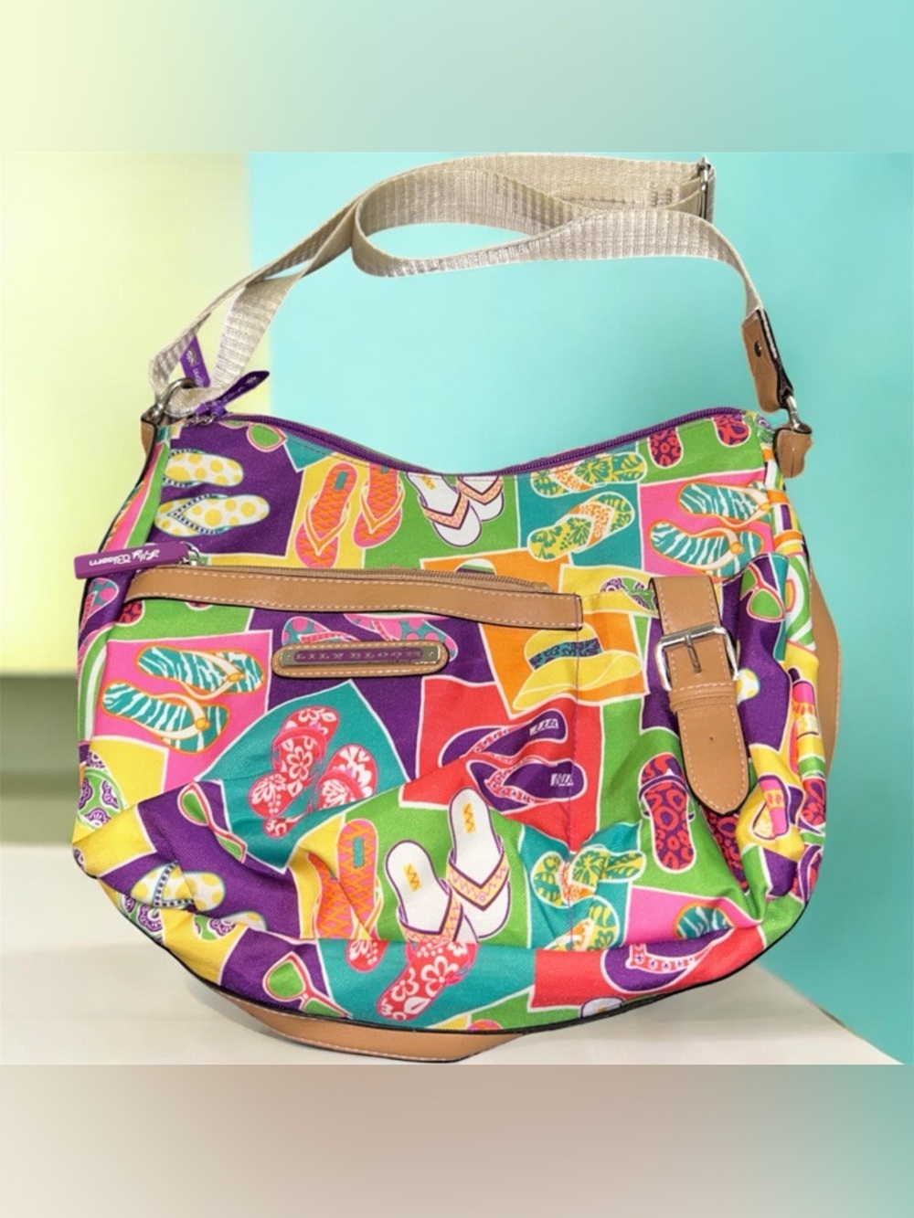 Lily Bloom Multicolor Flip-Flop Print Canvas Shoulder Bag EUC